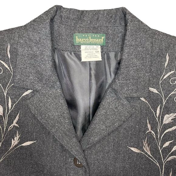 Vintage Harve Benard Petites Floral Embroidery Wool Blazer Gray Size 12P Petite - Picture 1 of 11